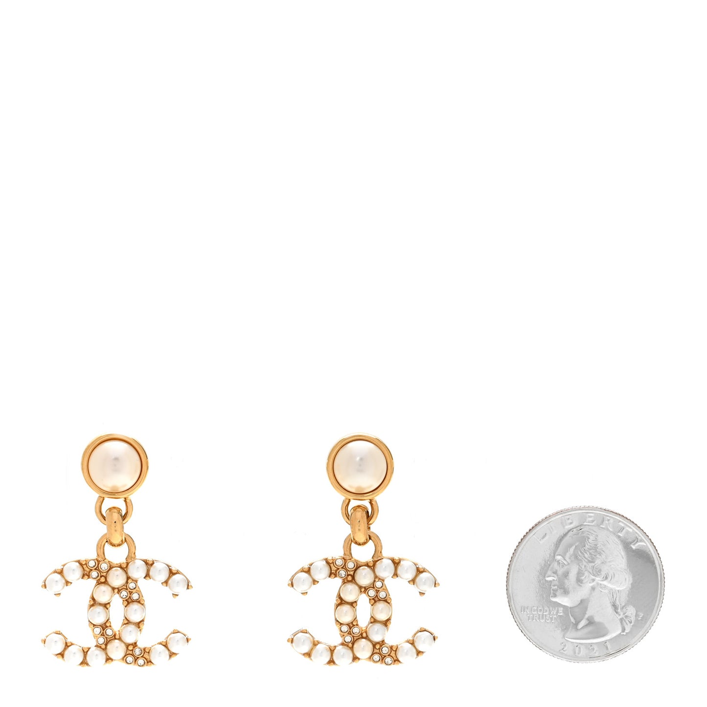 Metal Crystal Pearl CC Pendant Earrings Gold
