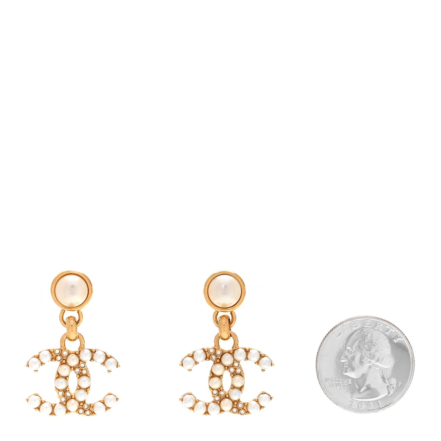Chanel Metal Crystal Pearl CC Pendant Earrings Gold 2 of 4