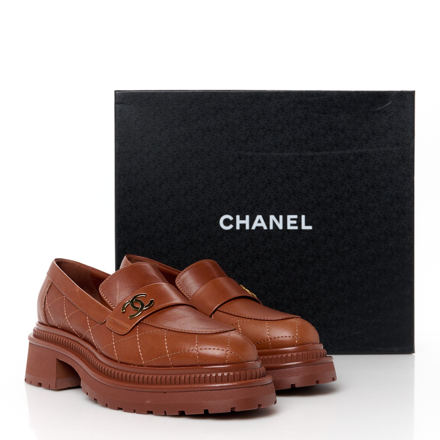 Calfskin Quilted CC Mocassin Loafers 36.5 Light Brown