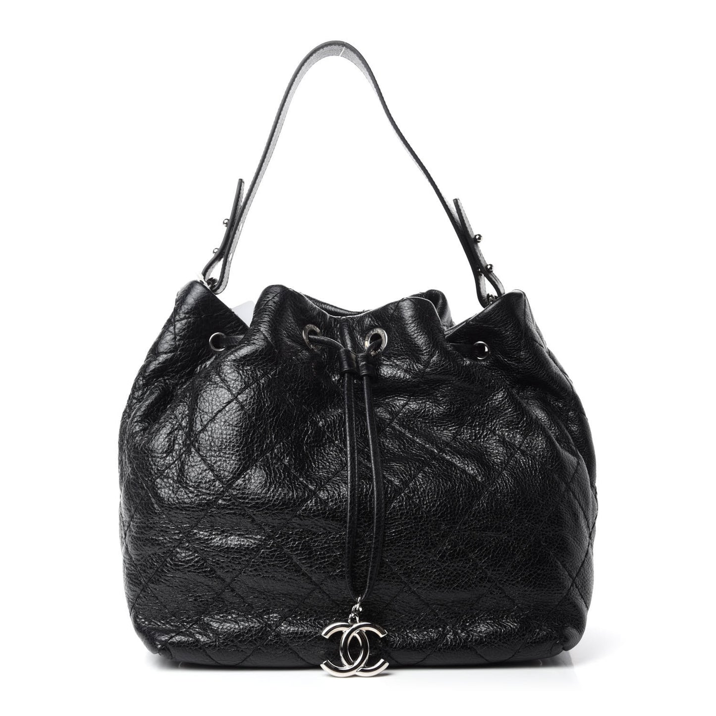 Glazed Calfskin On The Road Drawstring Tote Black