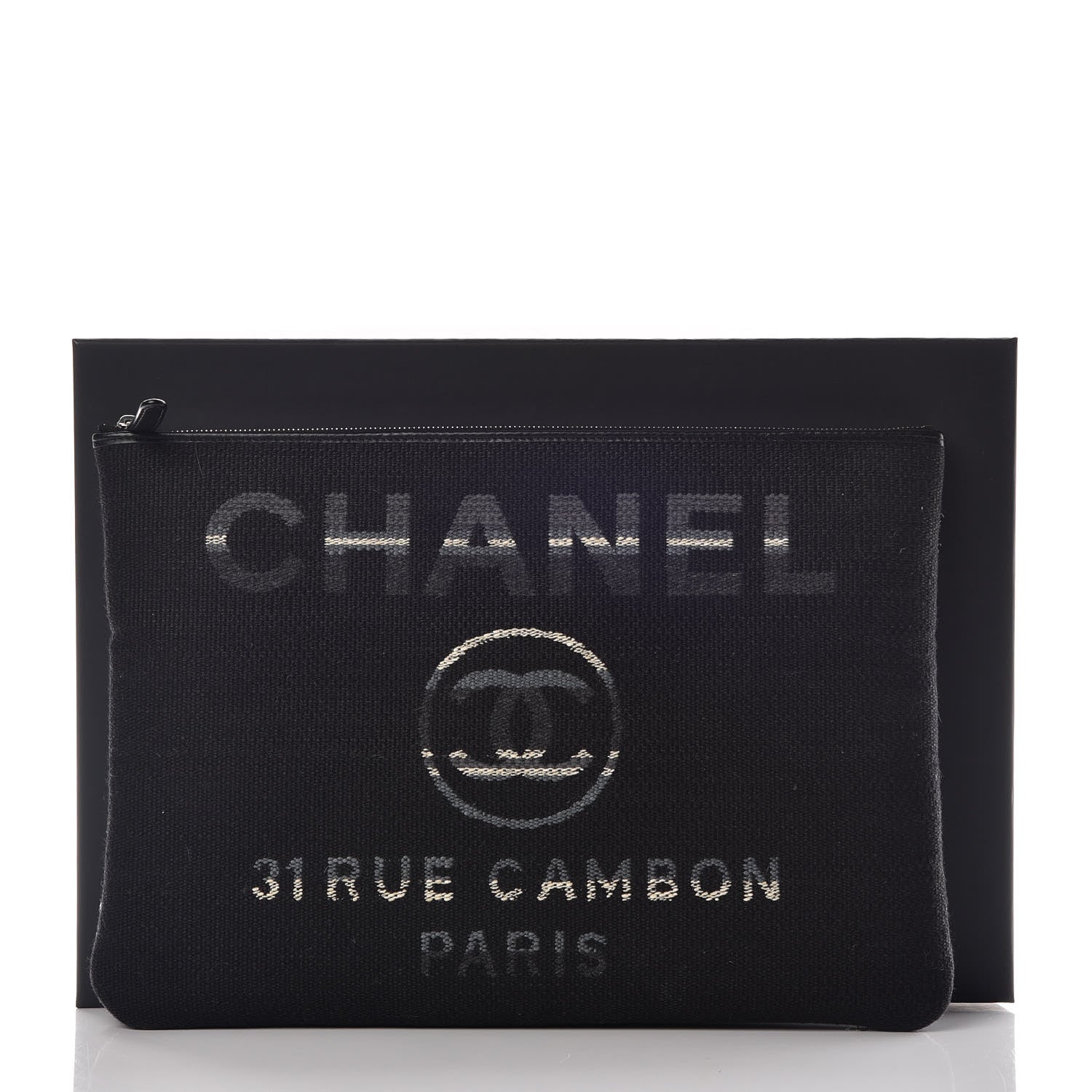 Chanel Striped Canvas Large Deauville Pouch Clutch Black 10 of 10