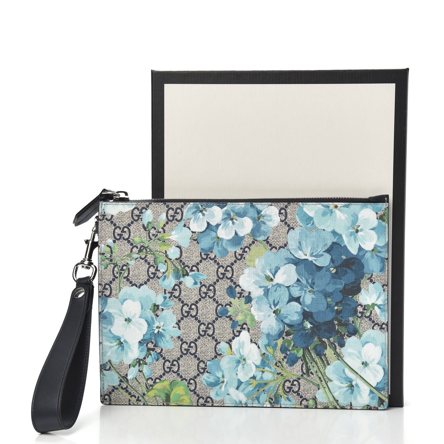 GG Supreme Monogram Blooms Small Zip Wristlet Pouch Beige Blue Black
