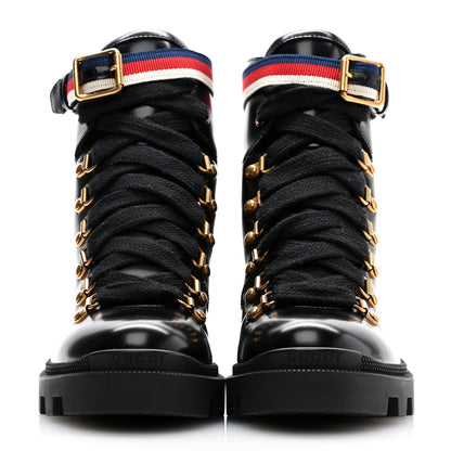 Gucci Calfskin Sylvie Web Womens Lace Up Combat Boots 37.5 Black 2 of 9