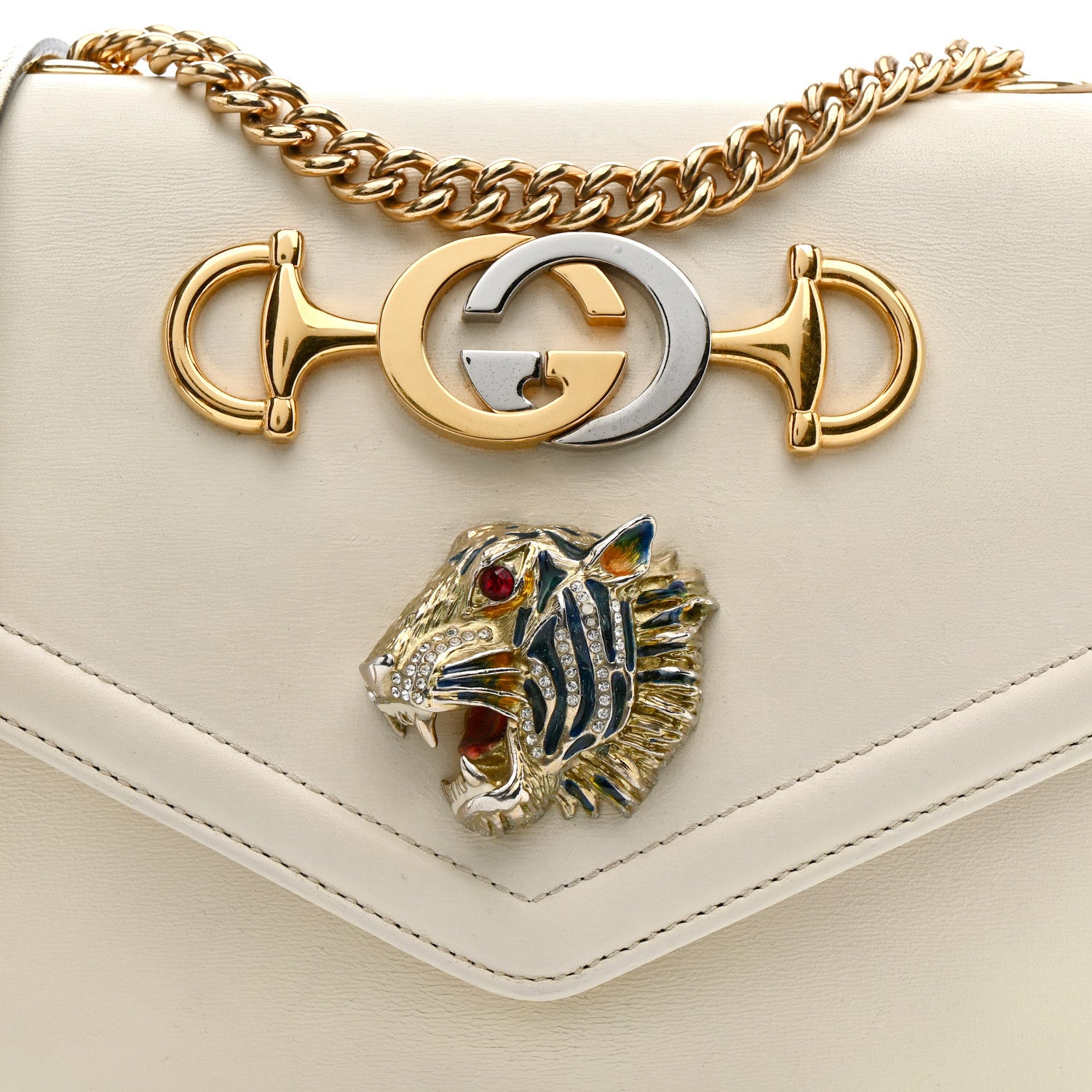Gucci Vitello Palmellato Lux Crystal Medium Rajah Shoulder Bag Mystic White Multicolor 8 of 17