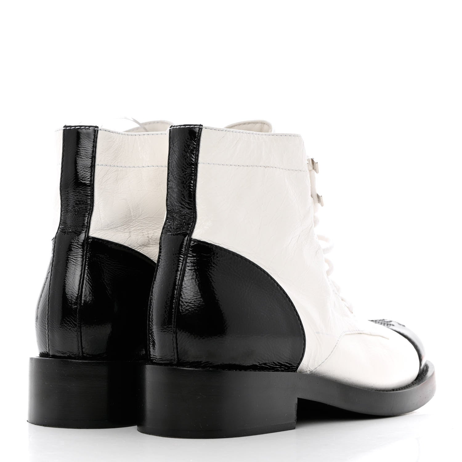 Chanel Distressed Patent Cap Toe Combat Boots 37 White Black 4 of 8