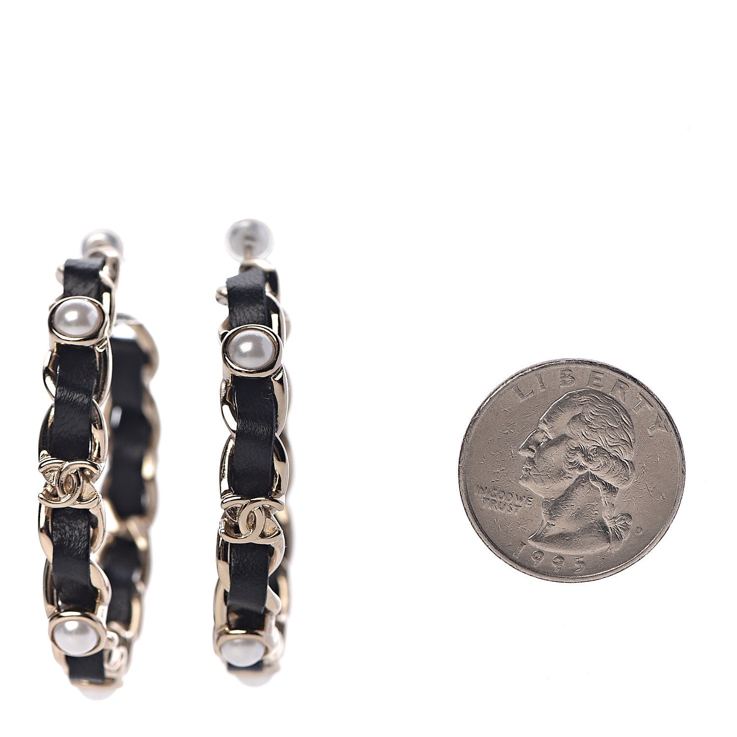 Chanel Lambskin Pearl CC Chain Hoop Earrings Gold Black 2 of 5