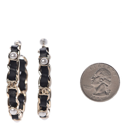 Chanel Lambskin Pearl CC Chain Hoop Earrings Gold Black 2 of 5