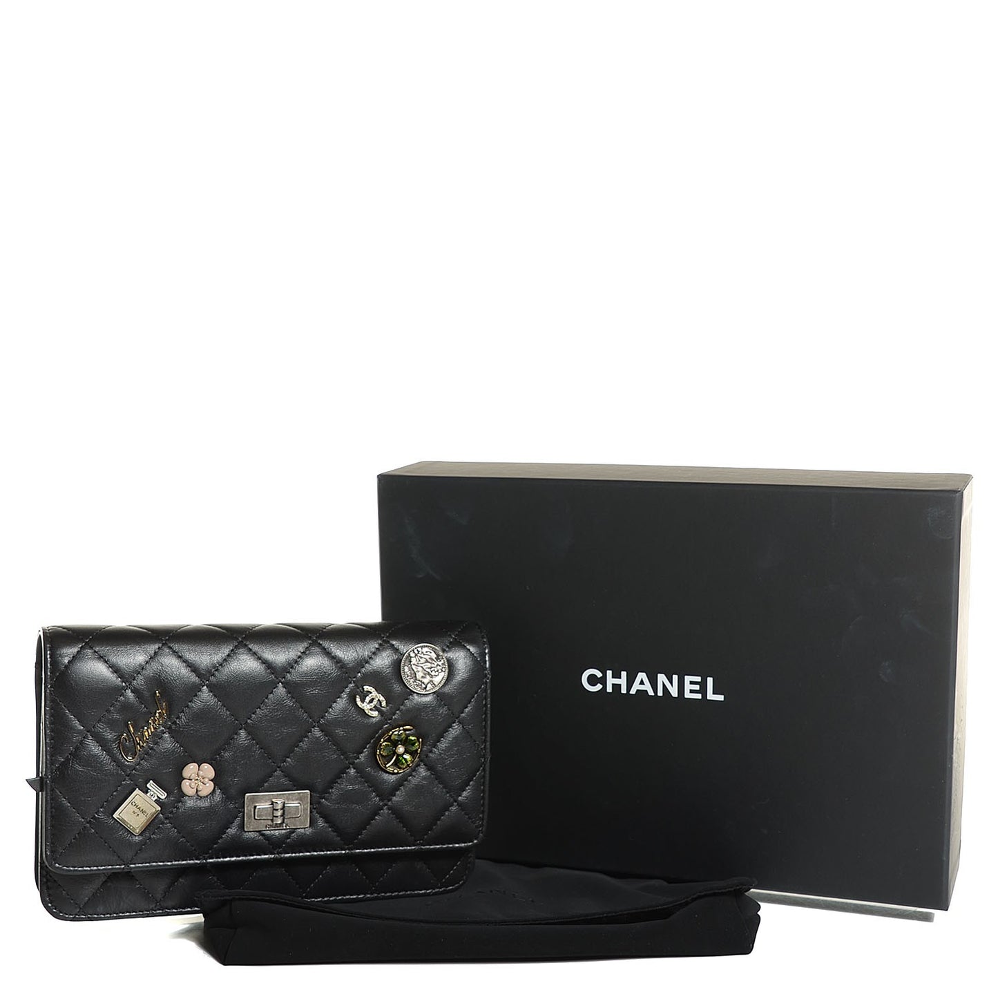 Aged Calfskin Lucky Charms Casino 2.55 Reissue Wallet on Chain WOC Black