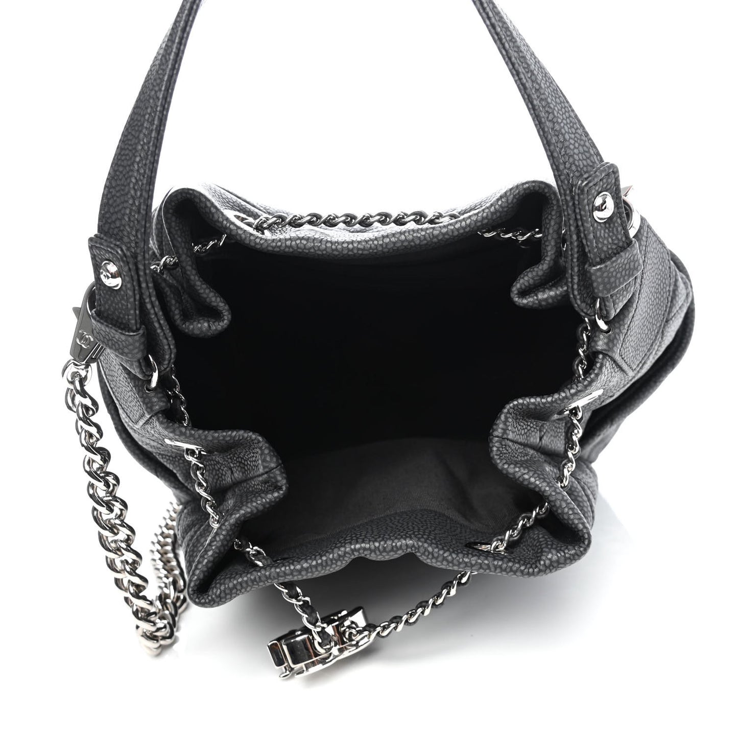 Caviar Flat Quilted CC Chain Bucket Drawstring Bag Black