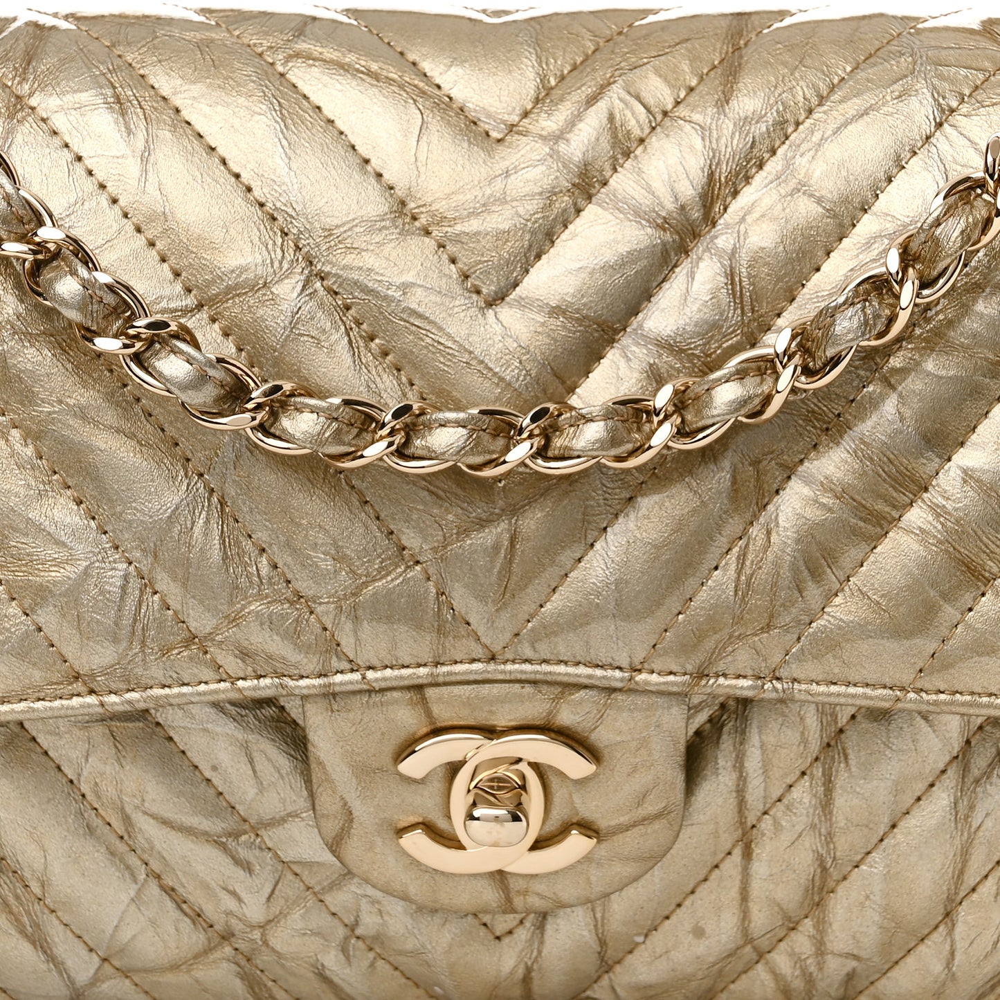 Metallic Patent Crumpled Calfskin Chevron Quilted Medium Double Flap Gold