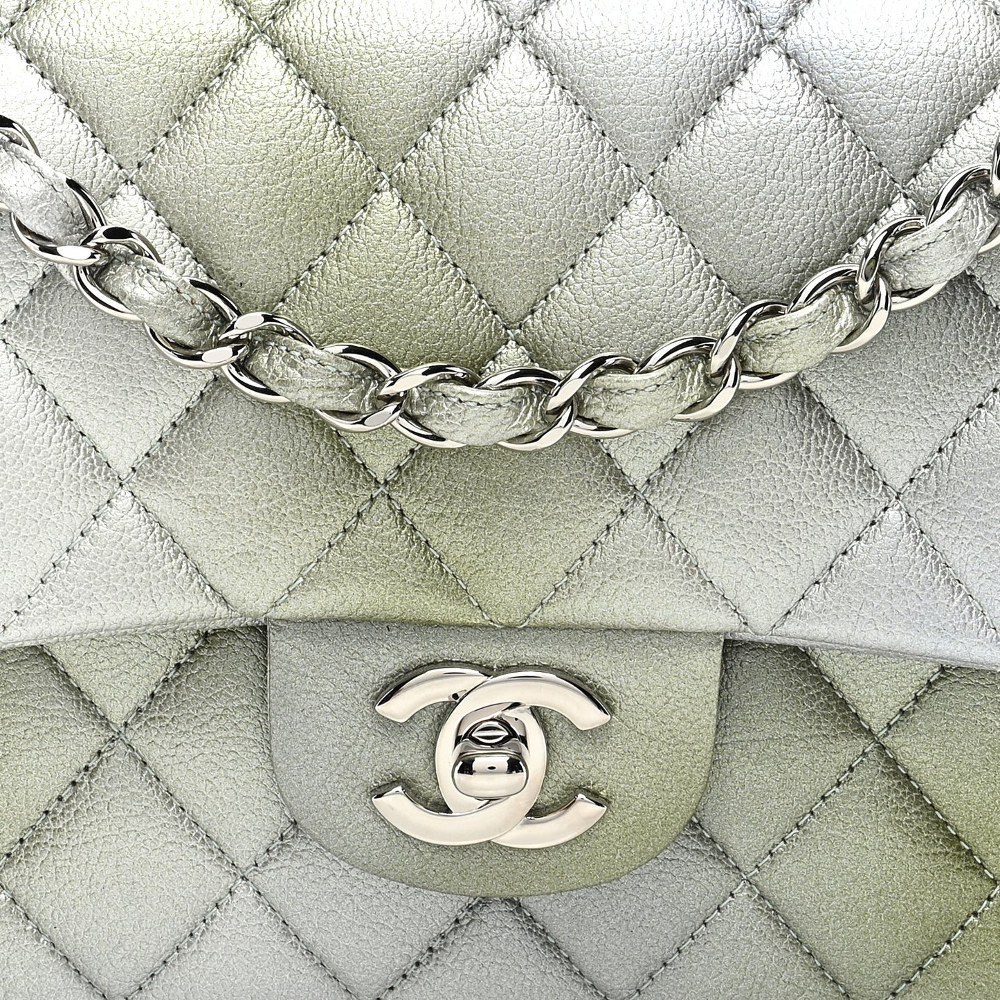 Metallic Goatskin Quilted Ombre Medium Double Flap Grey Green