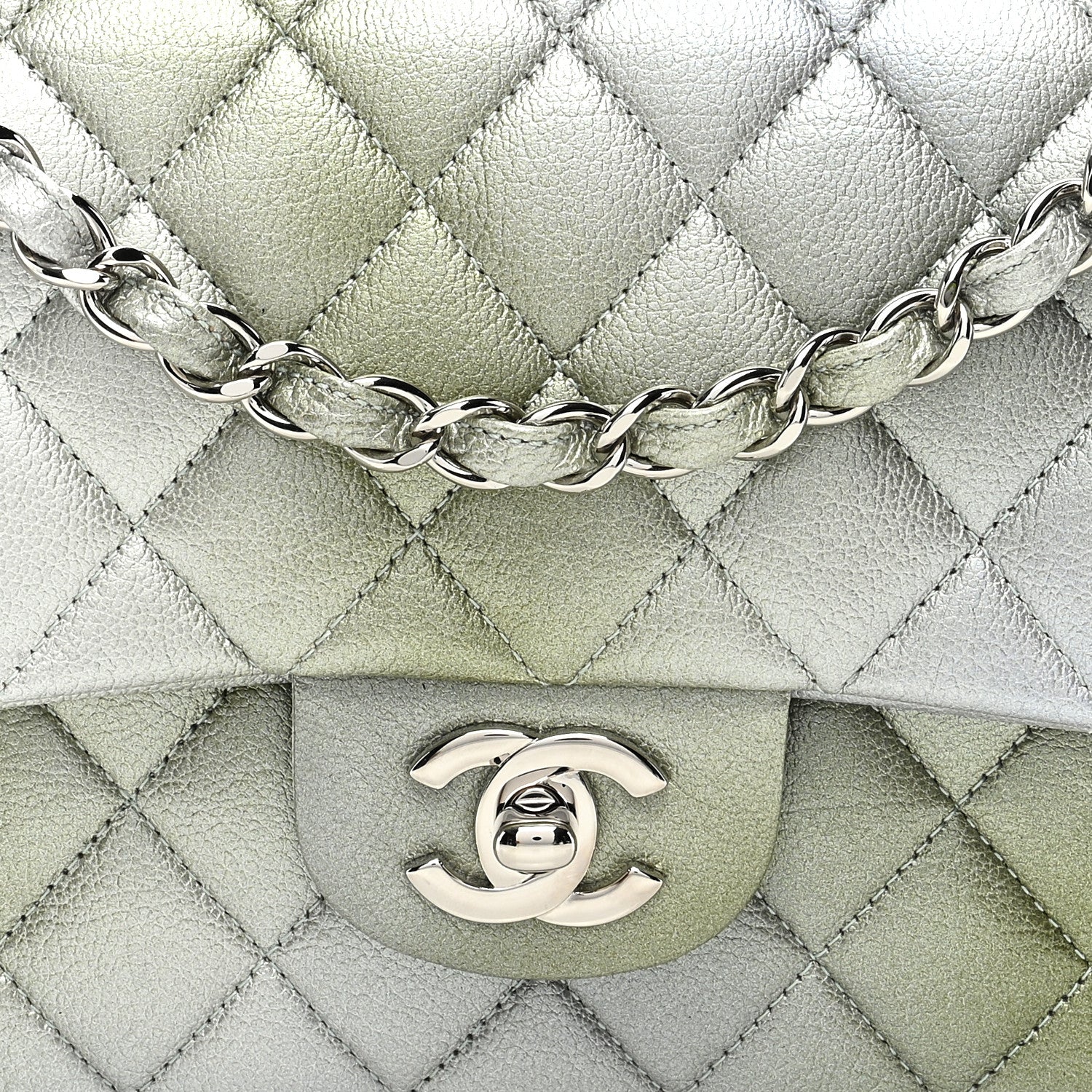 Chanel Metallic Goatskin Quilted Ombre Medium Double Flap Grey Green 8 of 10