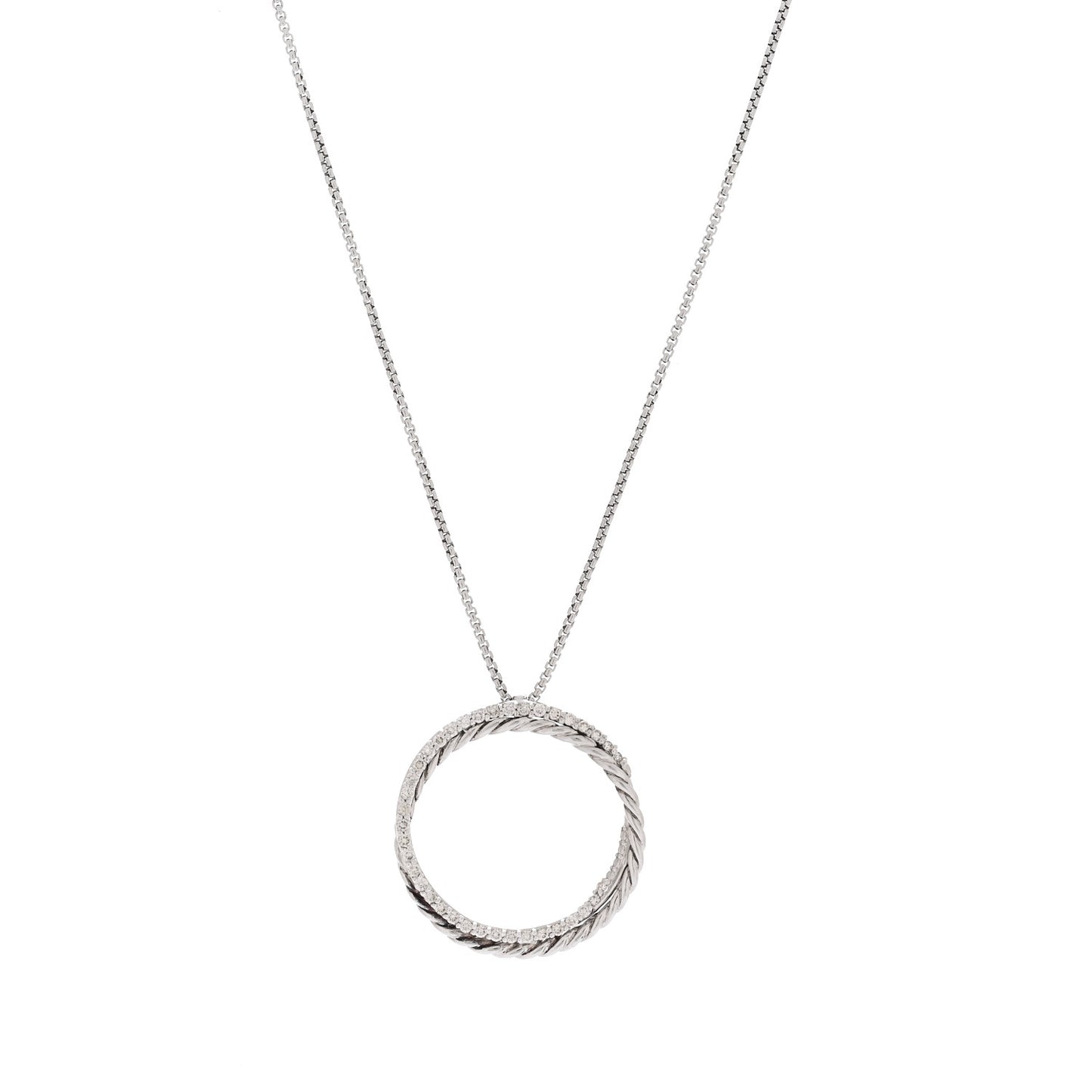 Sterling Silver 14K White Gold Diamond Crossover Circle Pendant Necklace