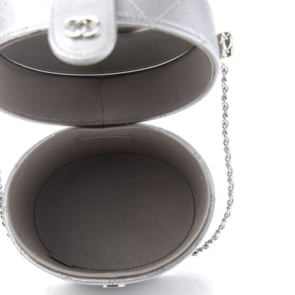 Chanel Metallic Lambskin Quilted Round Vanity Case With Chain Silver 5 of 12