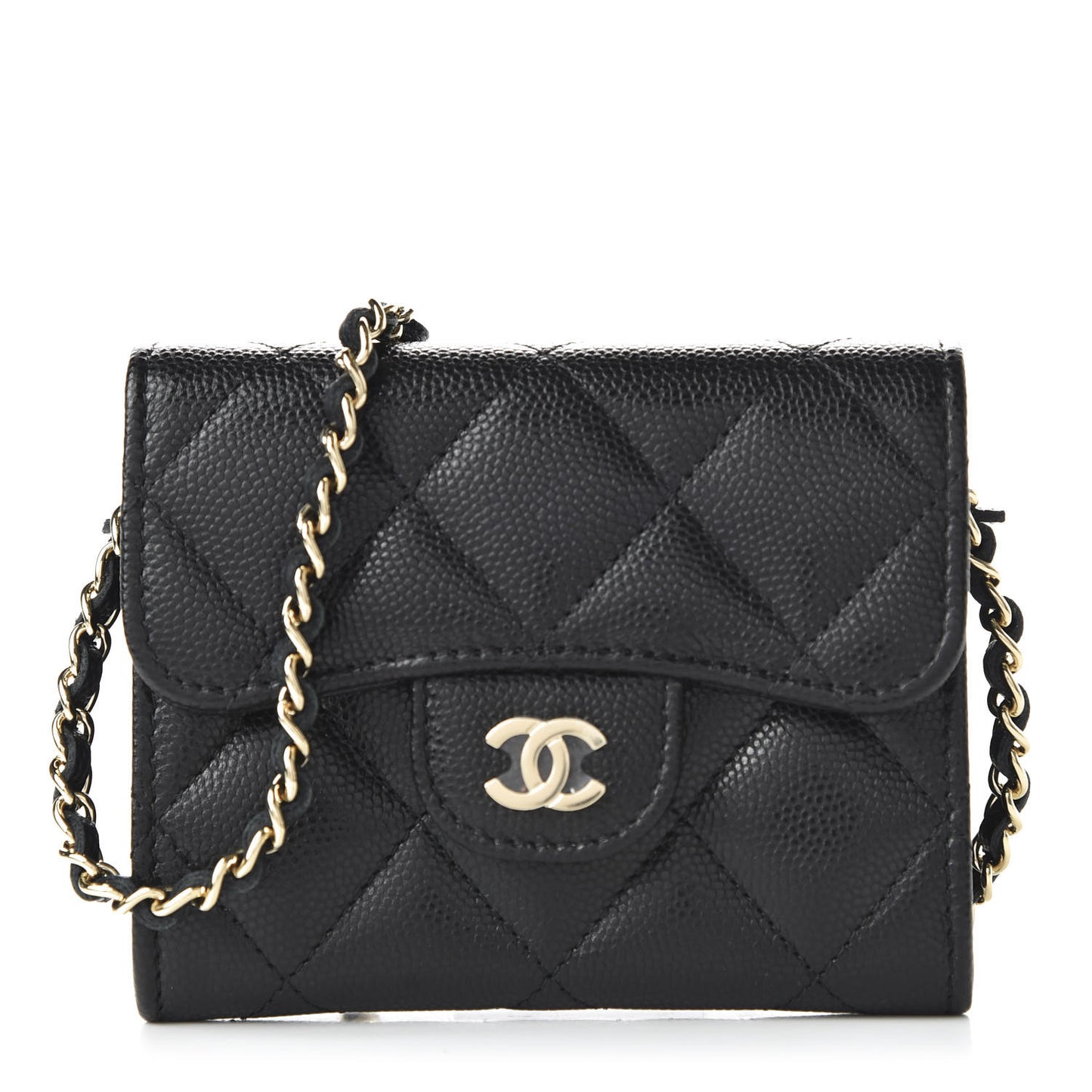 Caviar Quilted Flap Card Holder On Chain Black