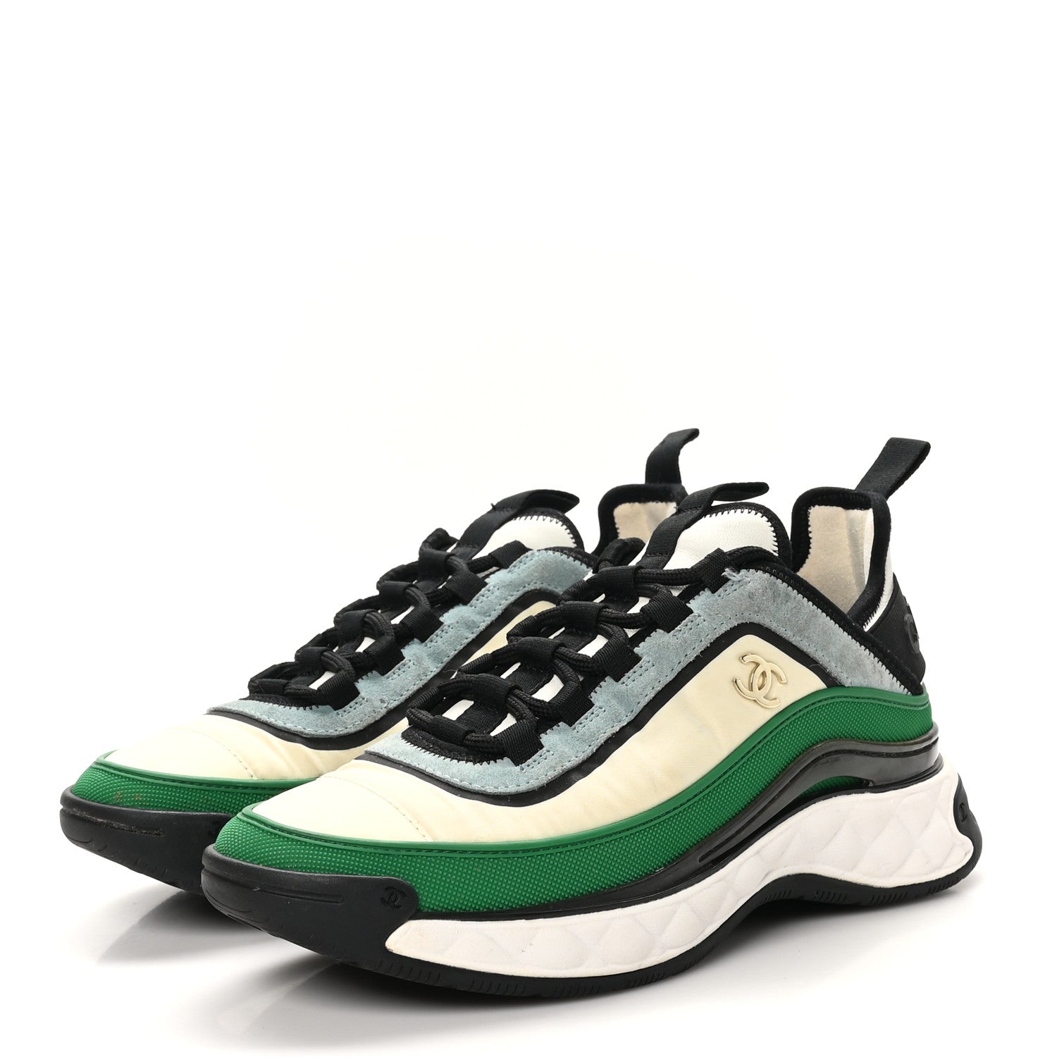 Chanel Suede Calfskin Mixed Fibers CC Sneakers 39 Ivory Green Light Blue 38 Ivory Green Light Blue 4 of 11