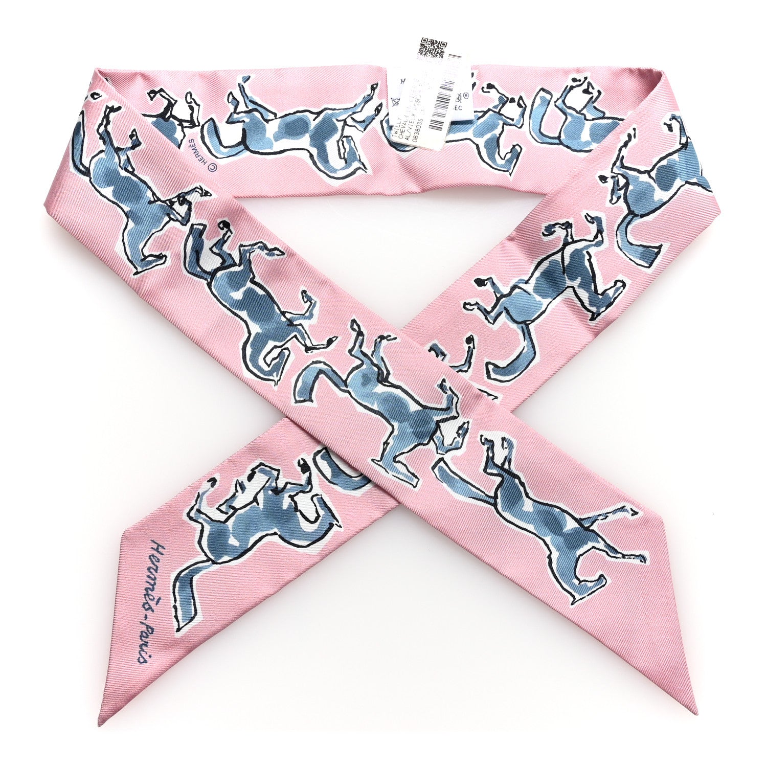 Hermes Silk Chevaux en Liberte Twilly Vieux Rose Bleu 1 of 4