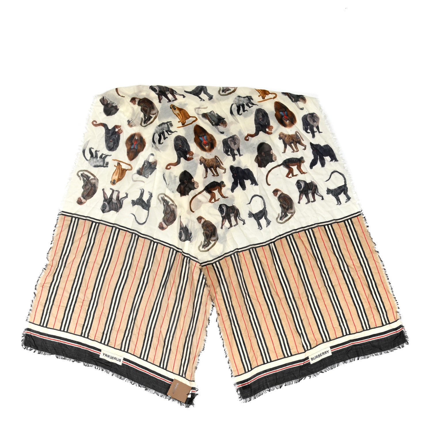 Burberry Wool Silk Gauze Nova Check Illustrated Monkey Scarf Beige 2 of 4