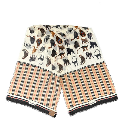 Burberry Wool Silk Gauze Nova Check Illustrated Monkey Scarf Beige 2 of 4