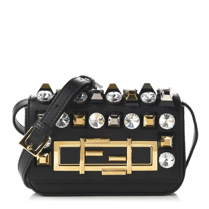 Fendi Vitello Dolce Crystal Studded Mini 3Baguette Shoulder Bag Black Gold 1 of 9