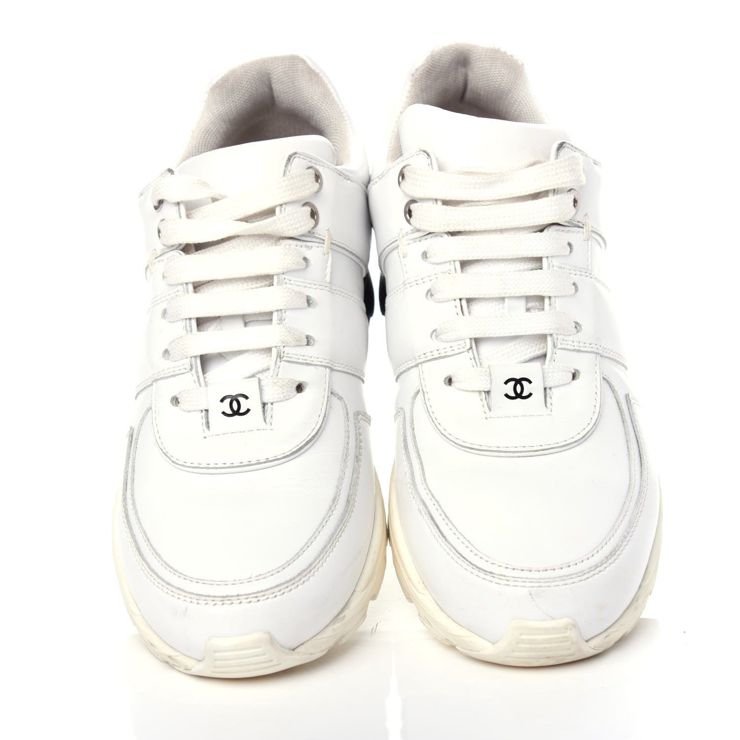 Chanel Calfskin Lambskin Womens CC Sneakers 38.5 White Black 5 of 11