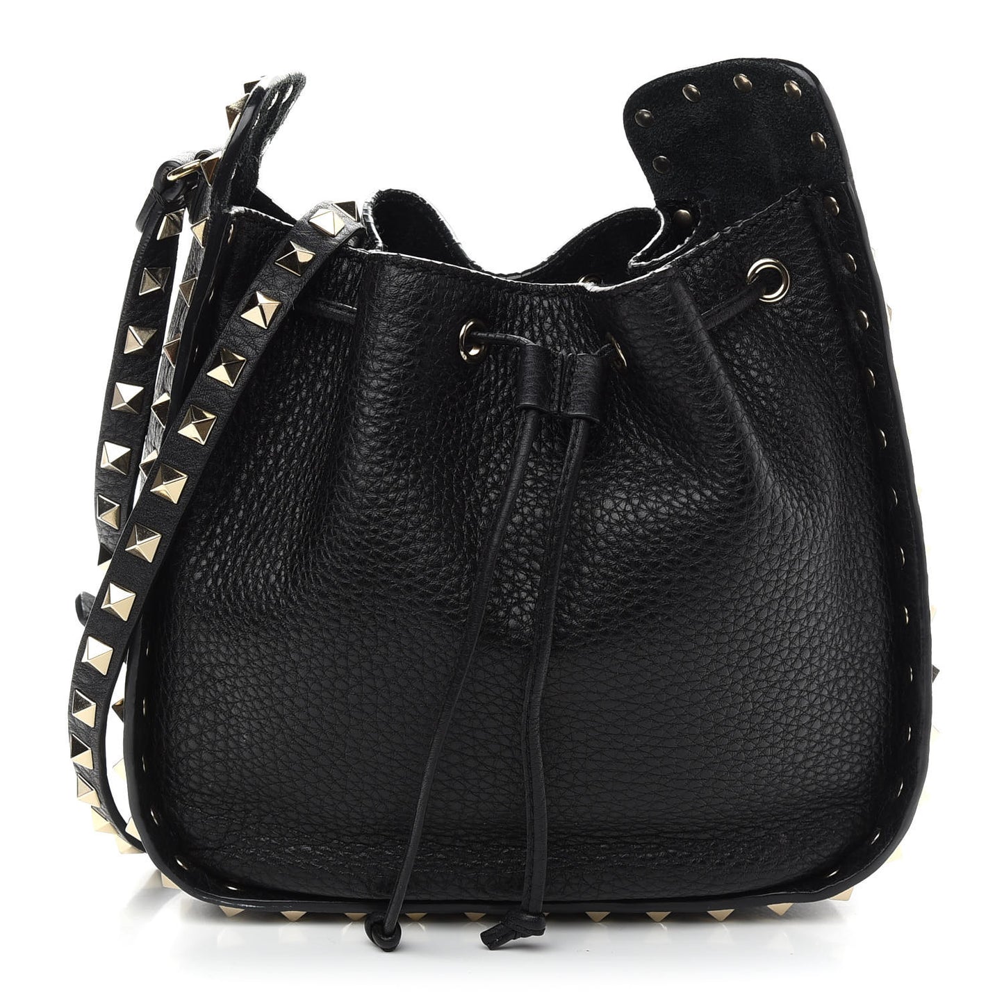 Grained Calfskin Rockstud Bucket Bag Black