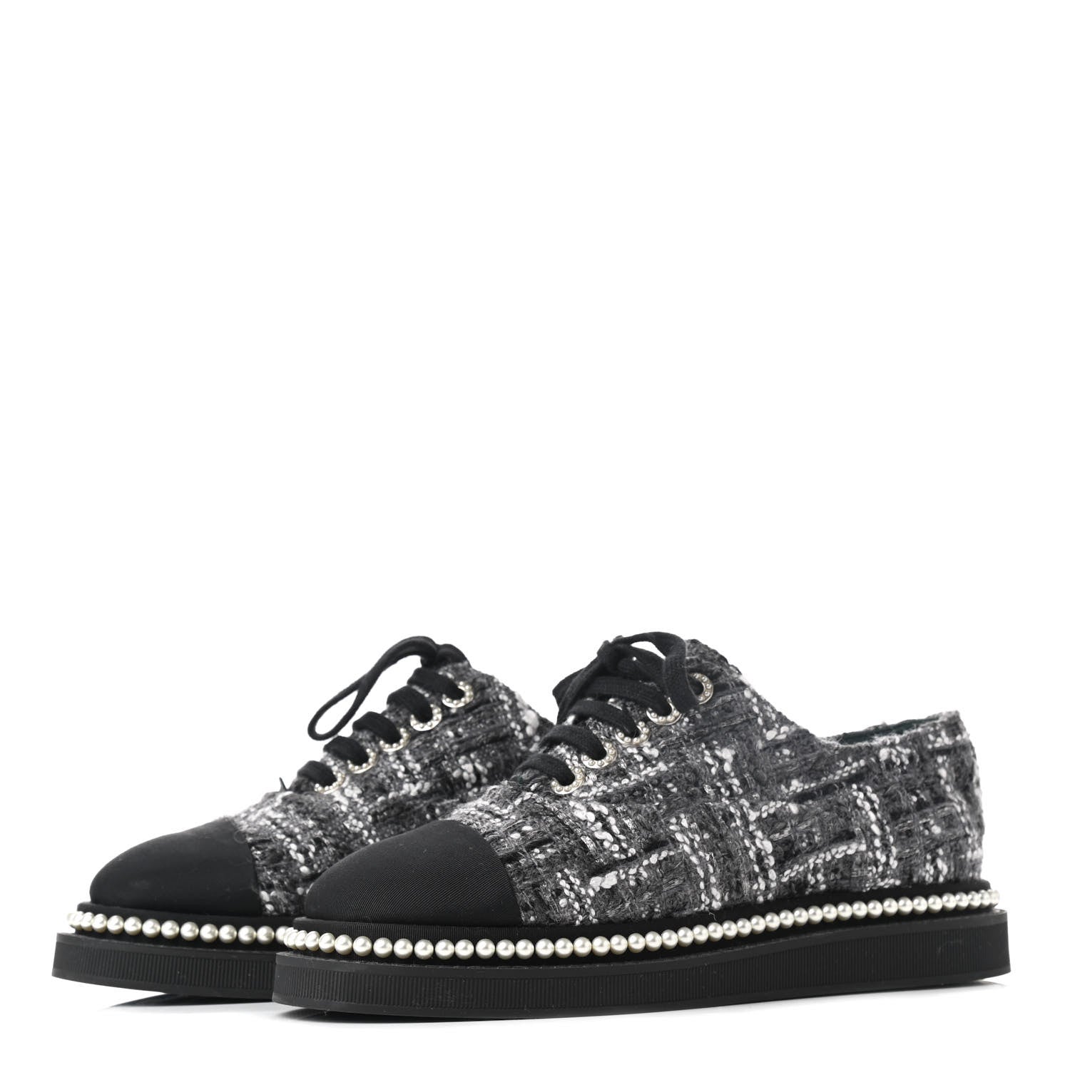 Chanel Tweed Grosgrain Pearl Lace Up Sneakers 37 Black 3 of 9