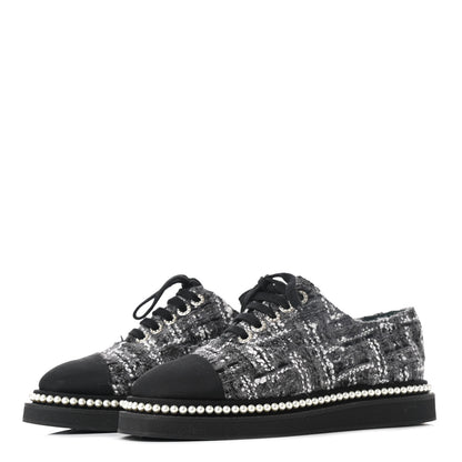 Chanel Tweed Grosgrain Pearl Lace Up Sneakers 37 Black 3 of 9