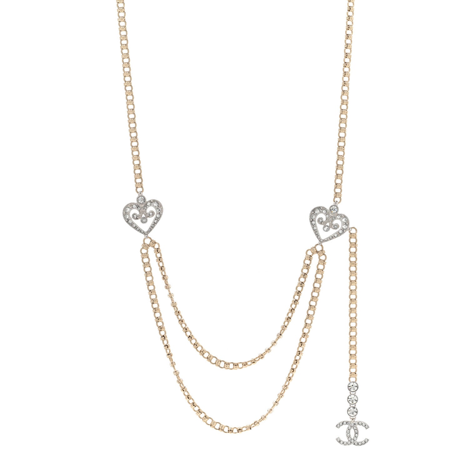 Chanel Crystal CC Heart Long Necklace Gold 1 of 7