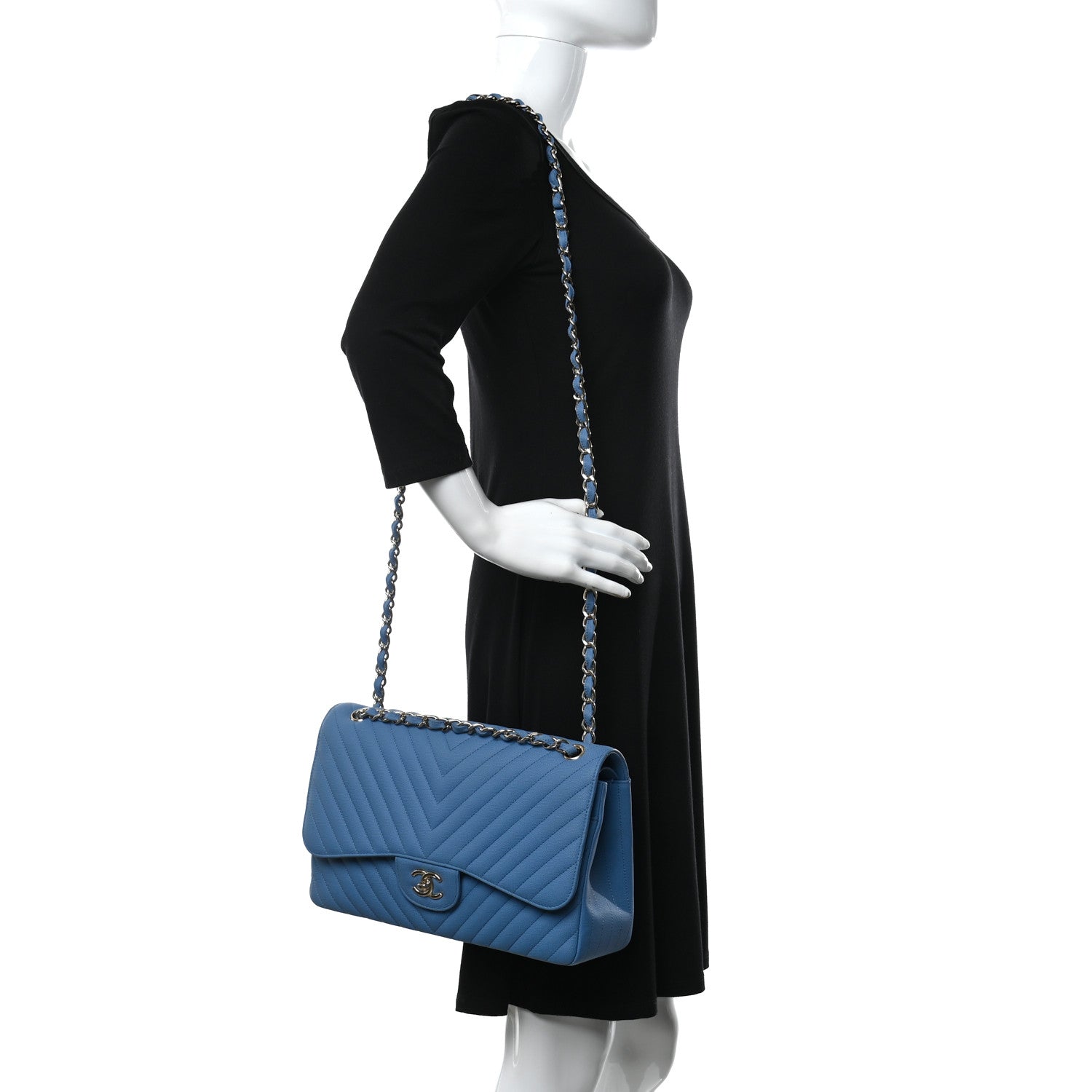 Chanel Caviar Flat Chevron Quilted Jumbo Double Flap Blue 2 of 19