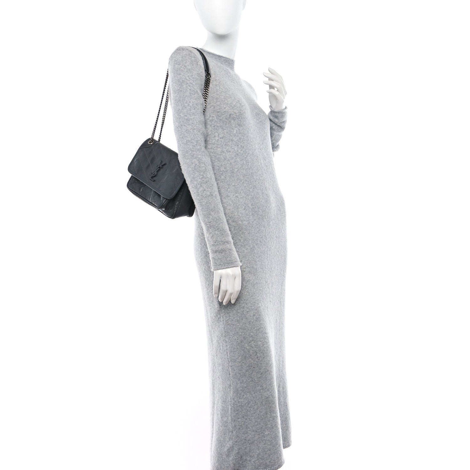 Saint Laurent Crinkled Calfskin Matelasse Monogram Baby Niki Chain Satchel Storm 2 of 11