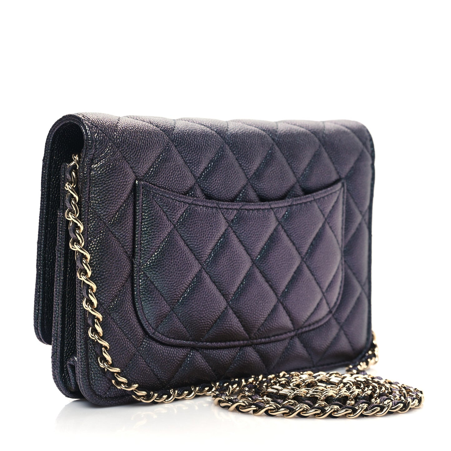 Iridescent Caviar Quilted Wallet on Chain WOC Dark Blue