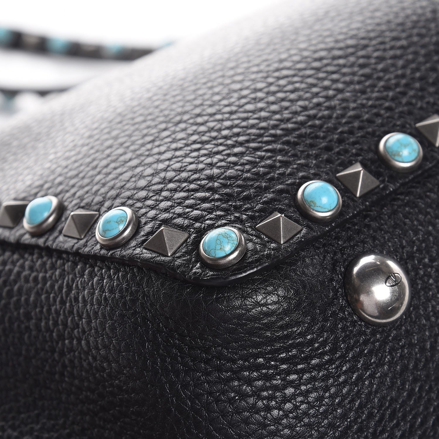 Valentino Garavani Grained Calfskin Turquoise Medium Rockstud Rolling Tote Black 12 of 13