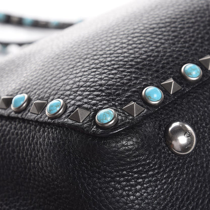 Valentino Garavani Grained Calfskin Turquoise Medium Rockstud Rolling Tote Black 12 of 13