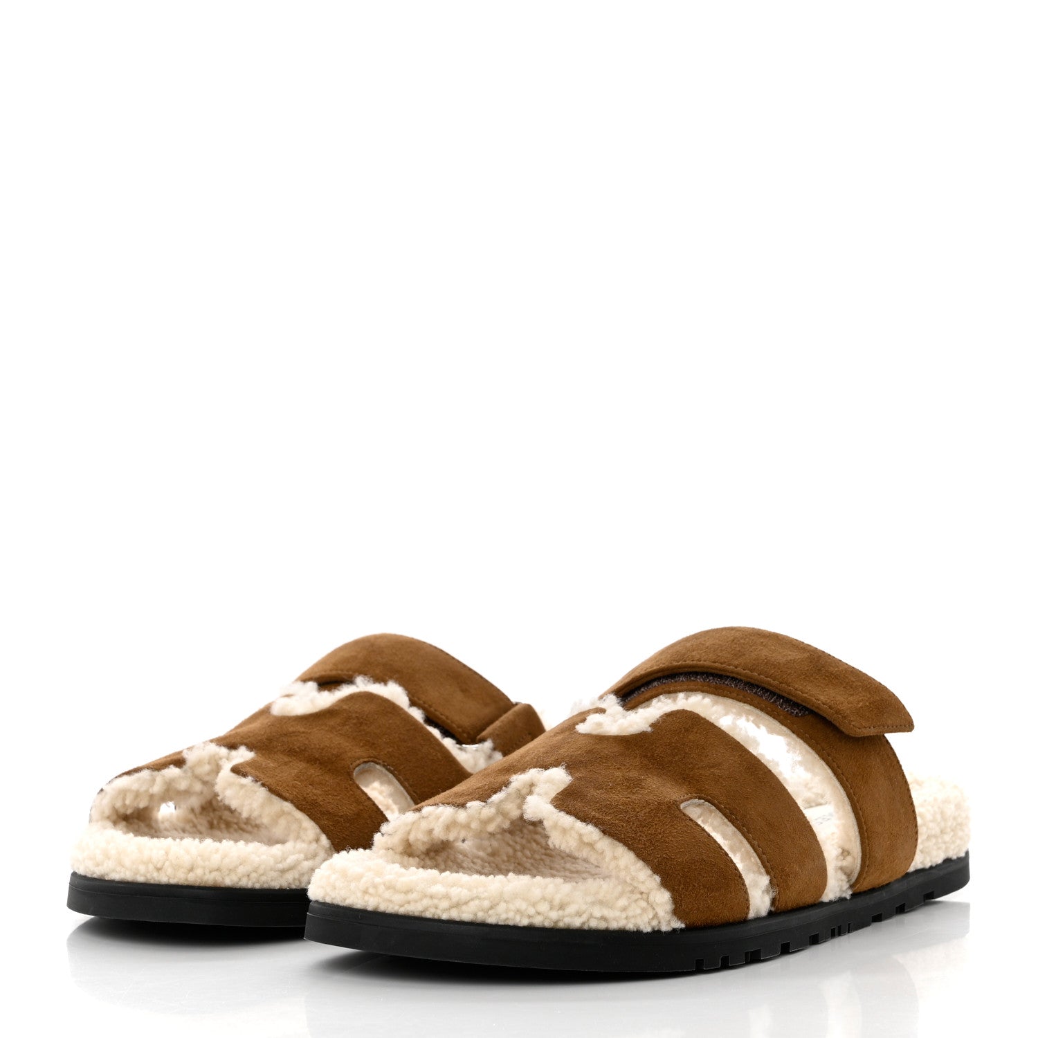 Hermes Suede Goatskin Woolskin Mens Chypre Sandals 41 Brun Fume Ecru 3 of 8