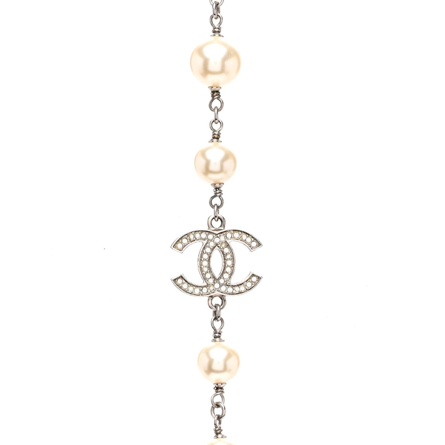 Chanel Graduated Pearl Crystal CC Long Necklace Silver 4 of 5
