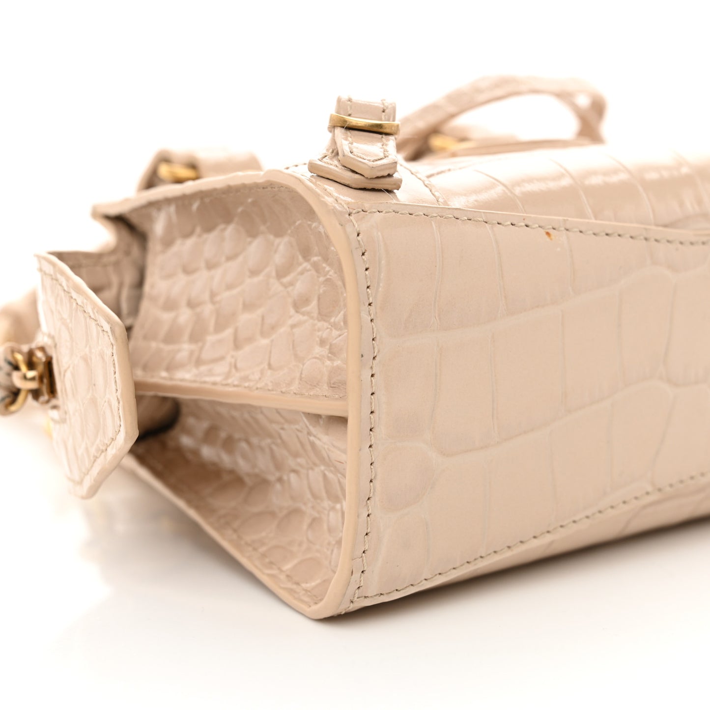 Shiny Supple Calfskin Crocodile Embossed Neo Classic Gold Hardware Nano City Crossbody Light Beige