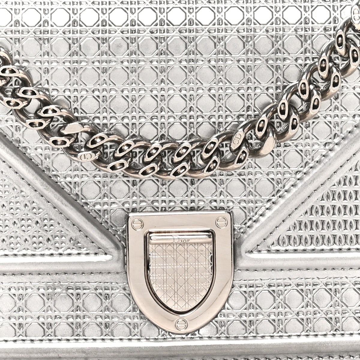 Metallic Patent Micro-Cannage Baby Diorama Flap Bag Silver
