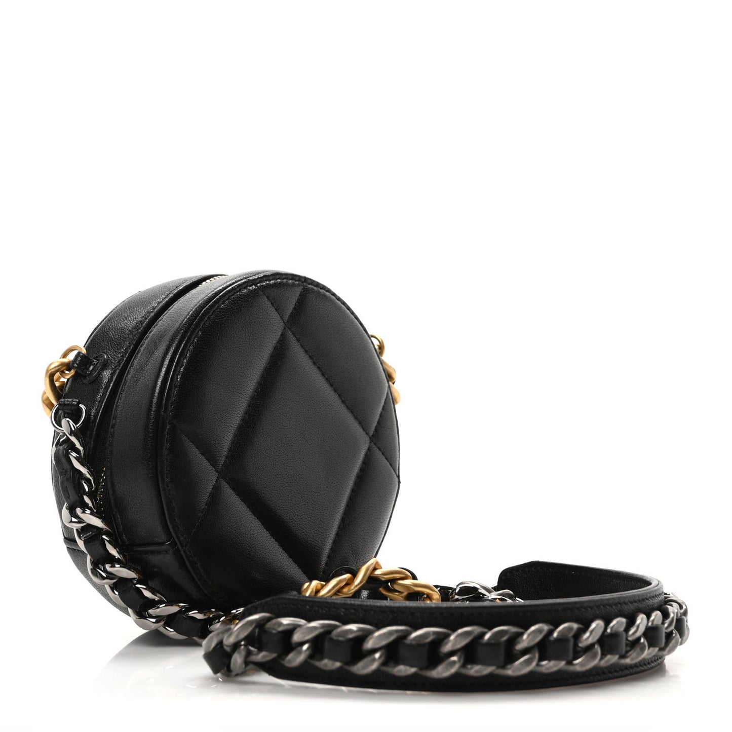 Shiny Goatskin Quilted Chanel 19 Round Clutch With Chain  Black