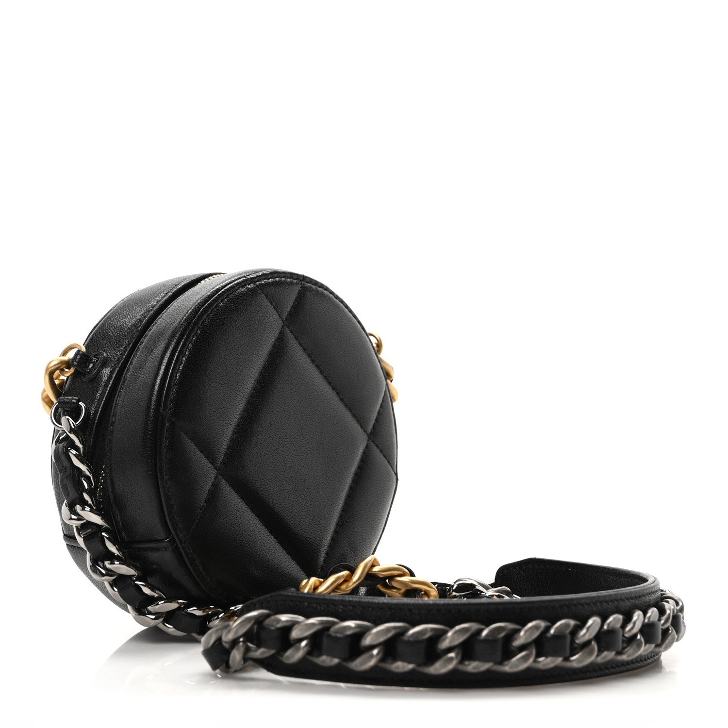 Chanel Shiny Goatskin Quilted Chanel 19 Round Clutch With Chain  Black 2 of 9