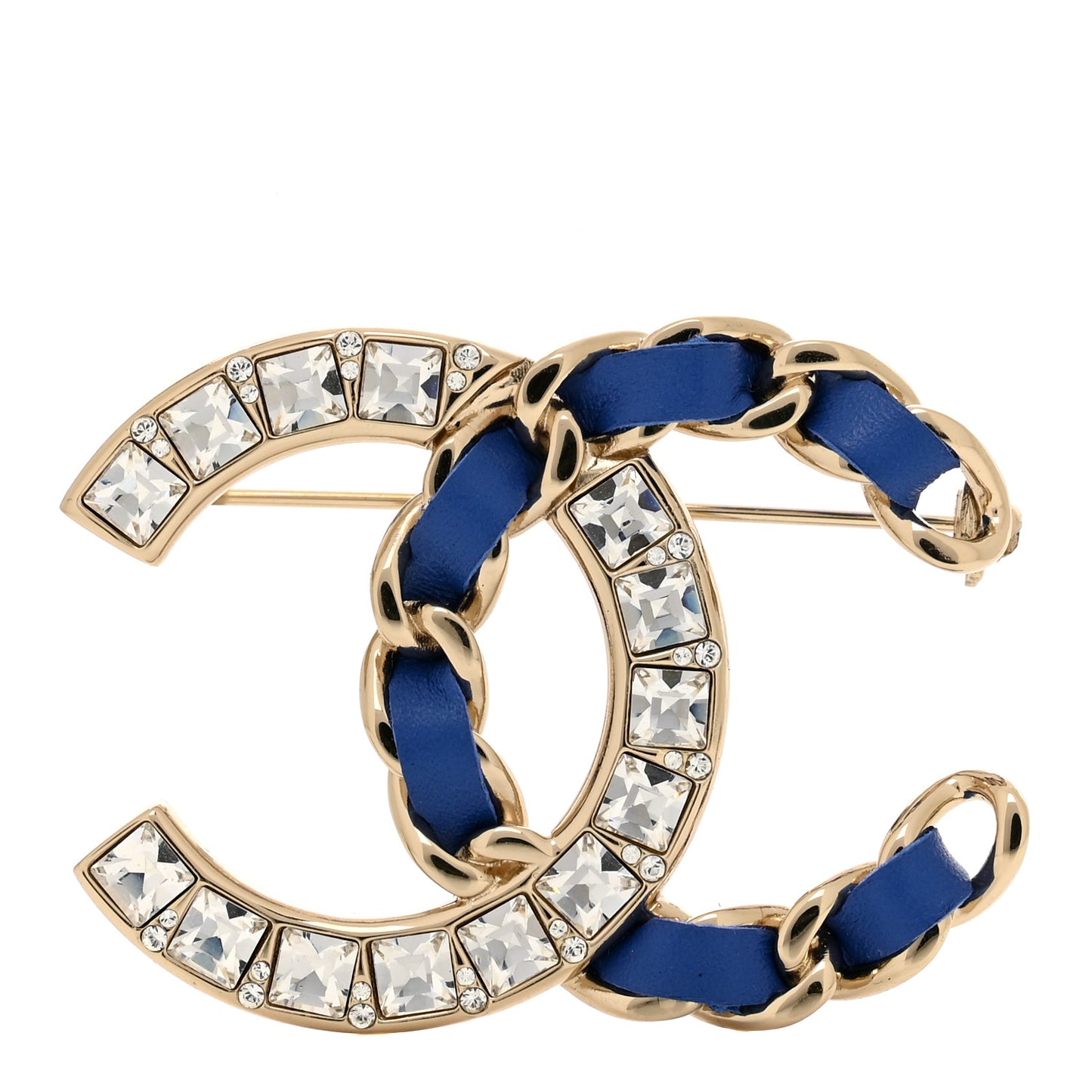 Lambskin Baguette Crystal CC Chain Brooch Blue Gold