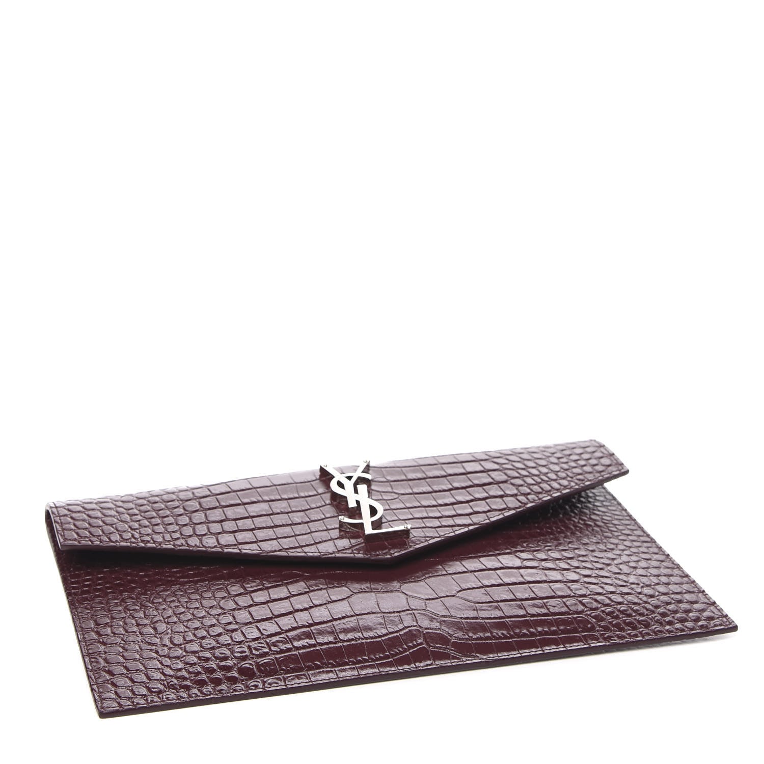Saint Laurent Calfskin Crocodile Embossed Uptown Monogram Clutch Rouge Legion 4 of 7