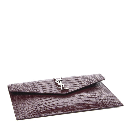 Saint Laurent Calfskin Crocodile Embossed Uptown Monogram Clutch Rouge Legion 4 of 7