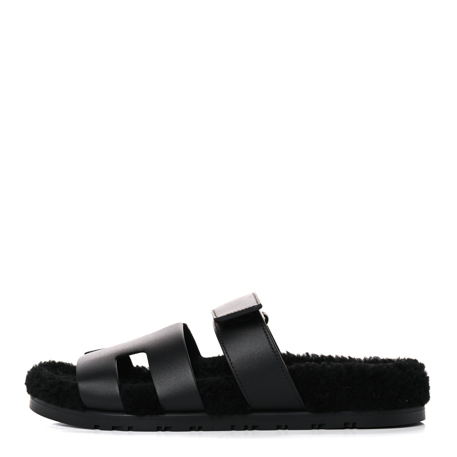 Hermes Calfskin Woolskin Womens Chypre Sandals 38.5 Black 1 of 11