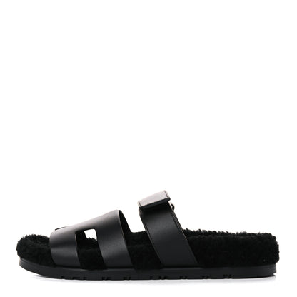 Hermes Calfskin Woolskin Womens Chypre Sandals 38.5 Black 1 of 11