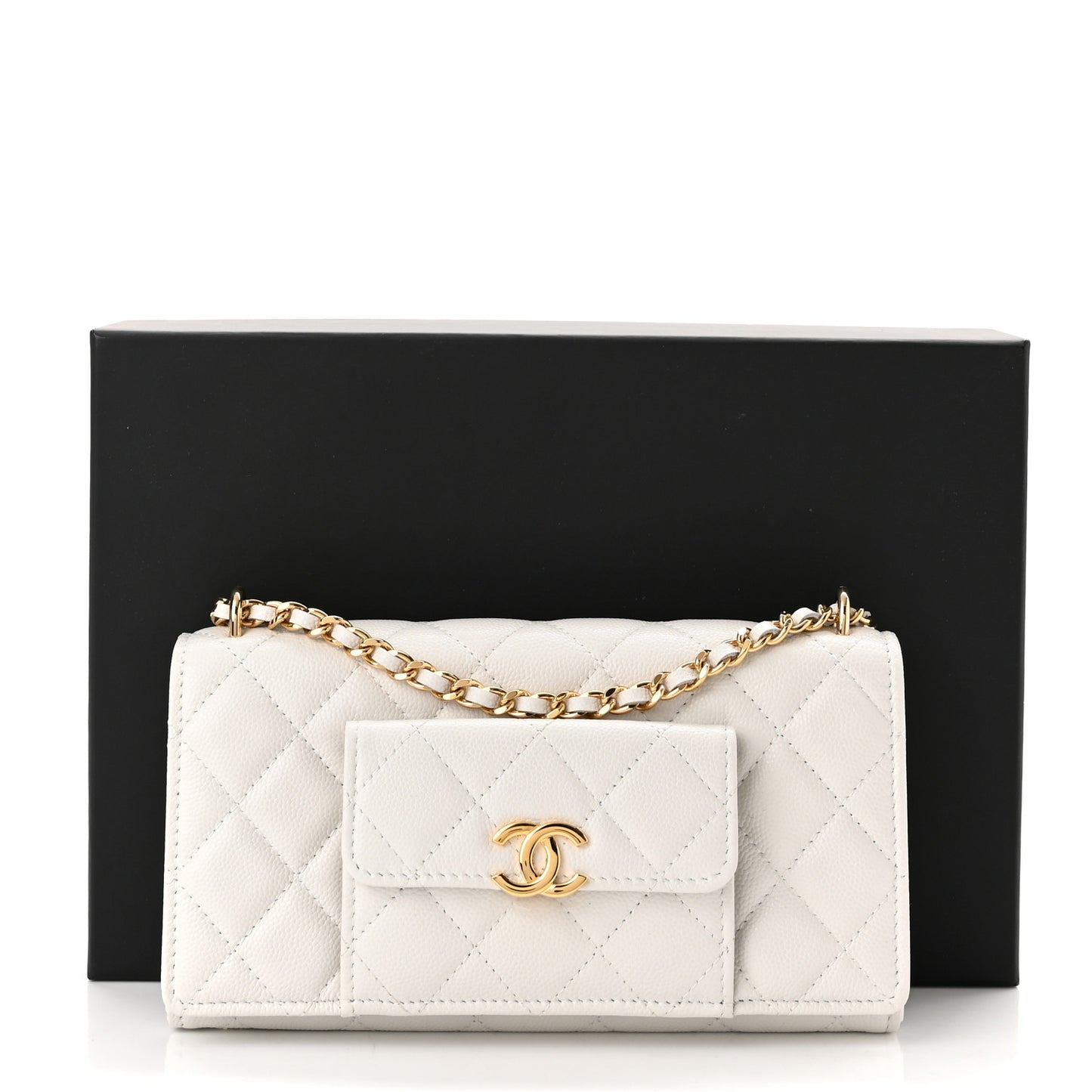 Caviar Quilted Pocket Twins Clutch With Chain White