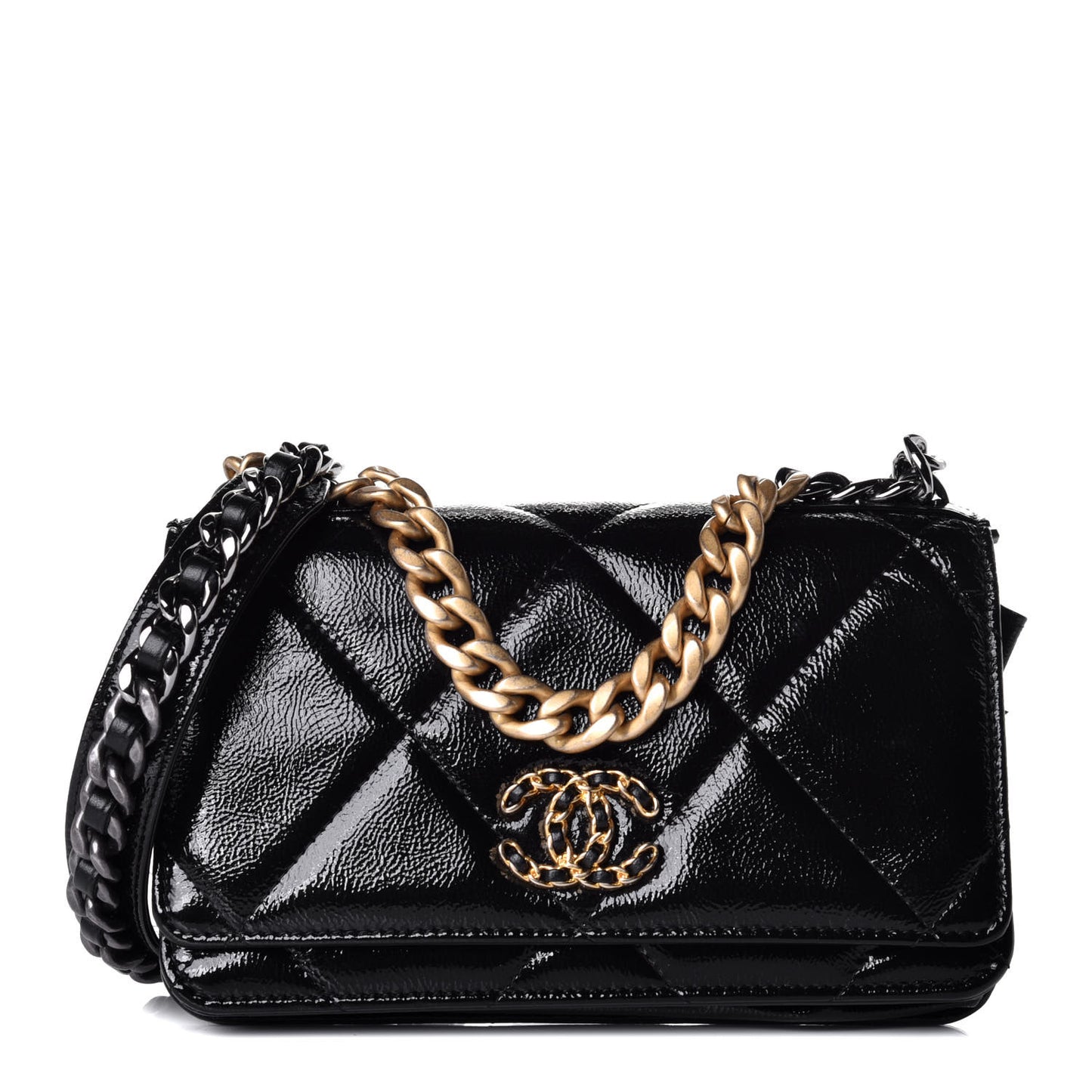 Shiny Crumpled Calfskin Quilted Chanel 19 Wallet On Chain WOC Black