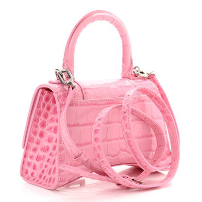 Balenciaga Shiny Calfskin Crocodile Embossed Hourglass Top Handle Bag XS Pink 3 of 11
