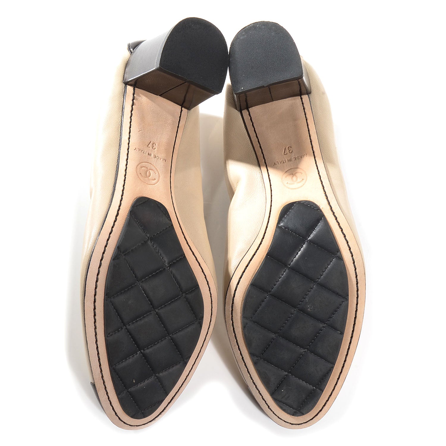 Chanel Leather Elastic Cap Toe Ballerina Pumps 37 Beige Black 5 of 7