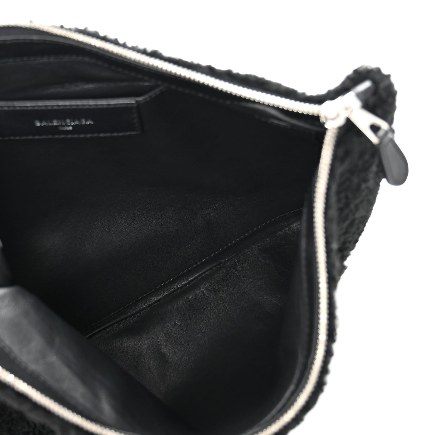 Sheepskin Shearling Contrasted Logo Large Zip Pouch Black